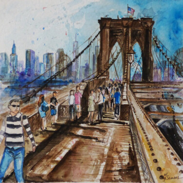 Painting titled "Sur le pont de Broo…" by Marine Sansas, Original Artwork, Watercolor