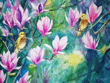 Painting titled "Fleurs de Magnolia…" by Marine Sansas, Original Artwork, Watercolor