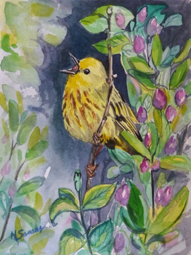 Schilderij getiteld "Fleurs et oiseaux p…" door Marine Sansas, Origineel Kunstwerk, Aquarel