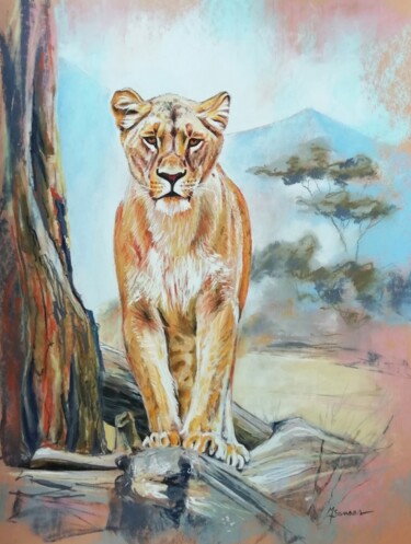 Malerei mit dem Titel "Lionne dans la sava…" von Marine Sansas, Original-Kunstwerk, Pastell