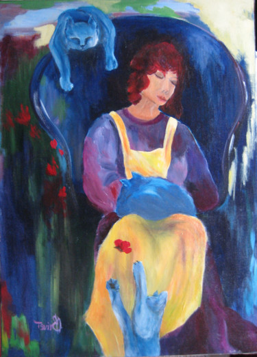 Peinture intitulée "Rêve de chats bleus" par Marine Brivet, Œuvre d'art originale