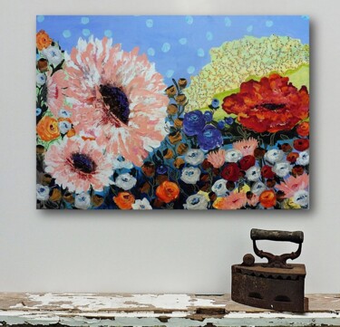 Painting titled "FLORAL EXPLOSION -…" by Marinela Puscasu, Original Artwork, Acrylic Mounted on Wood Stretcher frame