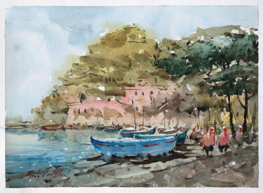 Painting titled "Positano, Watercolo…" by Victor Marin, Original Artwork, Watercolor