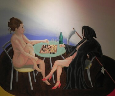 Painting titled "La partita a scacchi" by Mario Cipolla, Original Artwork, Oil Mounted on Wood Stretcher frame