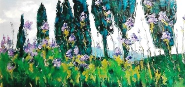 Peinture intitulée "cipressi e iris" par Mario Fanconi, Œuvre d'art originale, Huile