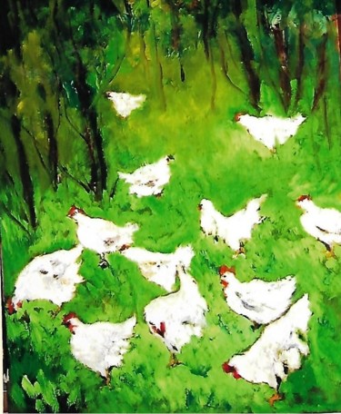 Pittura intitolato "4-galline-" da Mario Fanconi, Opera d'arte originale, Olio
