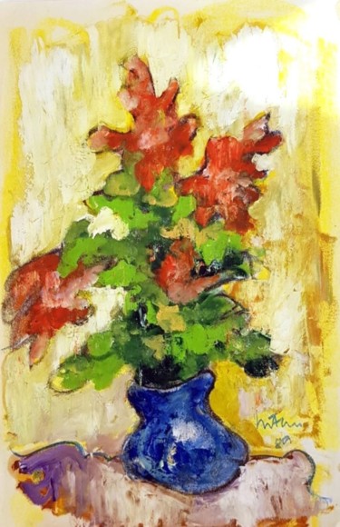 Painting titled "fioritura in un vaso" by Mario Fanconi, Original Artwork, Oil