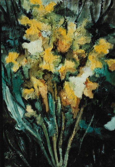 Malerei mit dem Titel "Narcisi in un  vaso" von Mario Fanconi, Original-Kunstwerk, Öl
