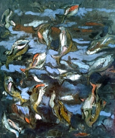 Pittura intitolato "Pesci in un acquario" da Mario Fanconi, Opera d'arte originale, Olio