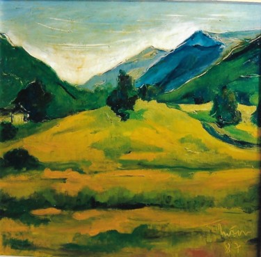 Pittura intitolato "incanto di un paesa…" da Mario Fanconi, Opera d'arte originale, Olio