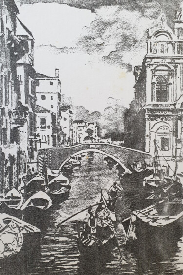 Estampas & grabados titulada "Canale Veneziano" por Mario Nicorelli, Obra de arte original, Xilografía