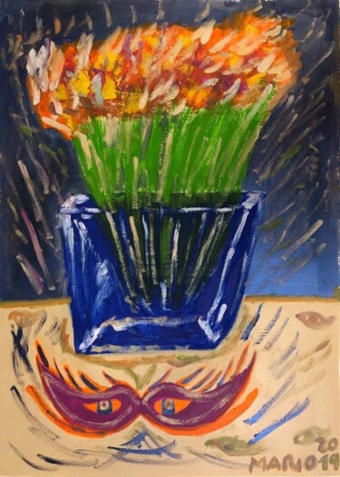 Pittura intitolato "fiori e maschera" da Mario Pratesi, Opera d'arte originale, Olio