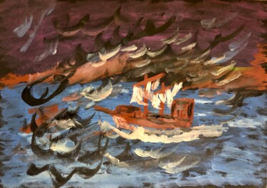 Pittura intitolato "Il galeone nella te…" da Mario Pratesi, Opera d'arte originale
