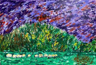 Pittura intitolato "Pecore alla Marnia" da Mario Pratesi, Opera d'arte originale, Olio