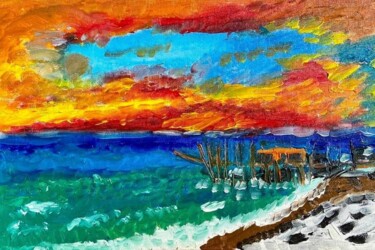 Pittura intitolato "Trabocco al tramonto" da Mario Pratesi, Opera d'arte originale, Olio