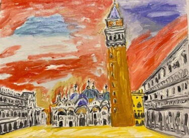 Schilderij getiteld "Piazza San marco in…" door Mario Pratesi, Origineel Kunstwerk, Olie