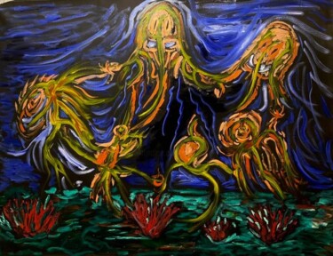 Painting titled "créatures étranges…" by Mario Pratesi, Original Artwork, Oil