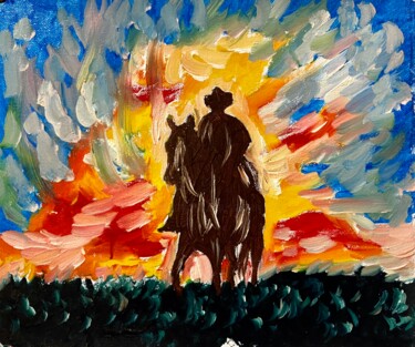 Malerei mit dem Titel "Cowboy al tramonto" von Mario Pratesi, Original-Kunstwerk, Öl