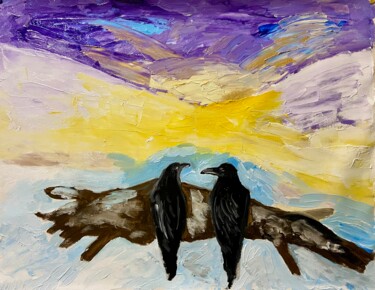 Pittura intitolato "I due corvi" da Mario Pratesi, Opera d'arte originale, Olio
