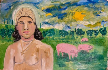 Pittura intitolato "Alda e i maialini" da Mario Pratesi, Opera d'arte originale, Olio