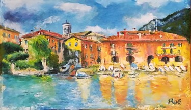 Painting titled "Scorcio del borgo d…" by Mario Riva, Original Artwork, Oil Mounted on Other rigid panel