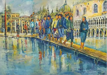 Pittura intitolato "Acqua alta in Piazz…" da Mario Riva, Opera d'arte originale, Olio