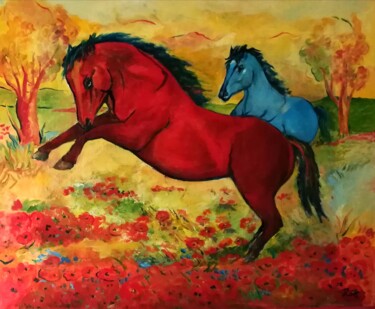 Pittura intitolato "Cavalli in un campo…" da Mario Riva, Opera d'arte originale, Olio