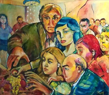 Schilderij getiteld "Ressa al buffet" door Mario Riva, Origineel Kunstwerk, Olie Gemonteerd op Houten paneel