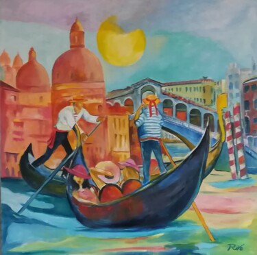 Painting titled "Tour in gondola sul…" by Mario Riva, Original Artwork, Oil Mounted on Wood Stretcher frame