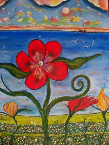 Painting titled "Red Flower" by Mario Spallino, Original Artwork, Oil