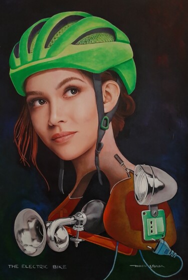 Schilderij getiteld "The electric bike" door Mario Venza, Origineel Kunstwerk, Acryl Gemonteerd op Frame voor houten brancard