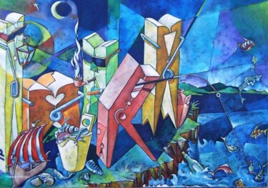 Pittura intitolato "il pescatore di sog…" da Mario Venza, Opera d'arte originale