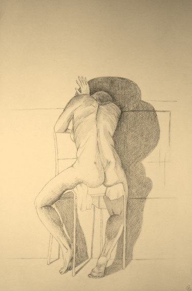 Dessin intitulée "Nu assis de dos" par Marion Carralero, Œuvre d'art originale