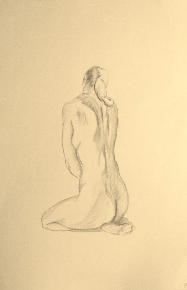 Disegno intitolato "nu de dos à genoux" da Marion Carralero, Opera d'arte originale, Matita