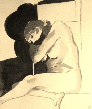 Dessin intitulée "femme nue assise/om…" par Marion Carralero, Œuvre d'art originale, Encre
