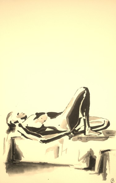 Peinture intitulée "Nu allongé encre" par Marion Carralero, Œuvre d'art originale, Encre