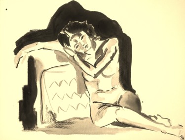 Peinture intitulée "Femme nue assise de…" par Marion Carralero, Œuvre d'art originale, Encre