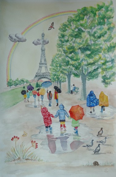 Peinture intitulée "Enfants à la Tour E…" par Marion Carralero, Œuvre d'art originale, Aquarelle