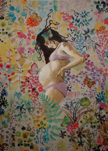 Painting titled "femme enceinte 2" by Marion Carralero, Original Artwork, Watercolor
