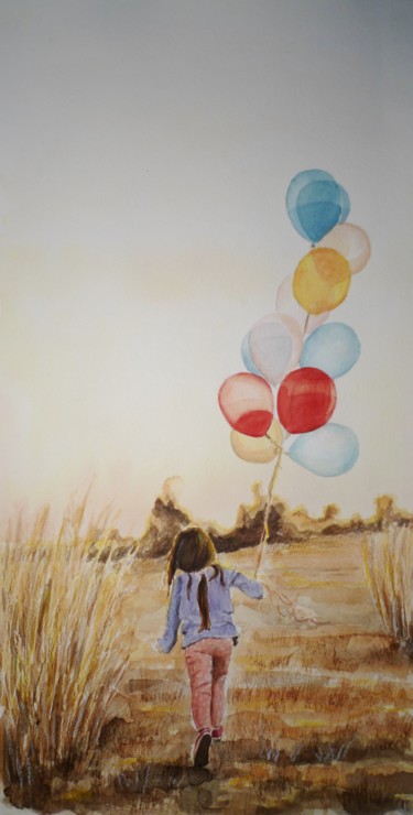 Peinture intitulée "petite fille aux ba…" par Marion Carralero, Œuvre d'art originale, Aquarelle