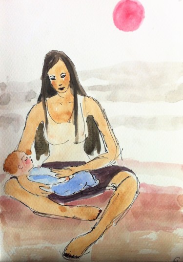 Painting titled "Maman 1" by Marion Carralero, Original Artwork, Watercolor