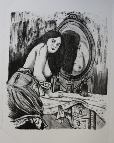 Gravures & estampes intitulée "Femme au miroir - d…" par Marion Cheung, Œuvre d'art originale, Lithographie
