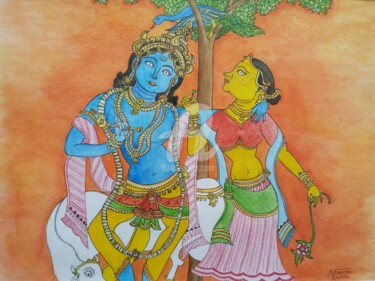Картина под названием "Krishna and Rada" - Marion Hulin, Подлинное произведение искусства, Акварель