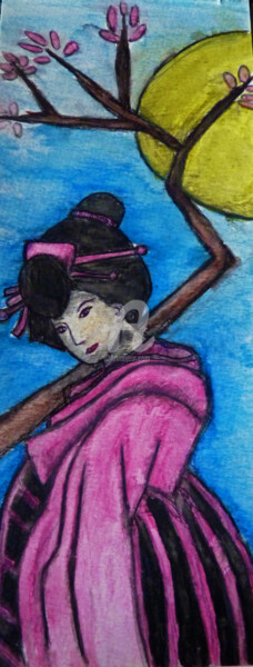Pintura intitulada "dame-au-cerisier.jpg" por Marion Rt, Obras de arte originais, Aquarela
