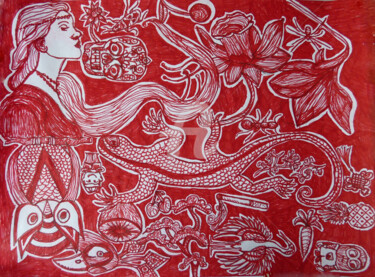 Zeichnungen mit dem Titel "Mélange rouge.jpg" von Marion Rt, Original-Kunstwerk, Kugelschreiber
