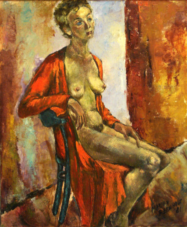 Painting titled "Female nude on chair" by Michelangelo Verso, Original Artwork, Oil