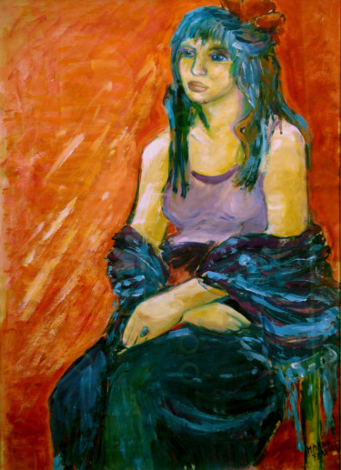 Peinture intitulée "Young woman sitting…" par Michelangelo Verso, Œuvre d'art originale, Gouache
