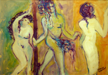 Painting titled "Three young nude gi…" by Michelangelo Verso, Original Artwork, Gouache
