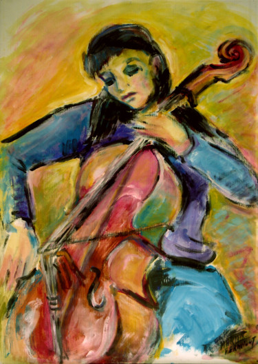 Painting titled "Female Cellist" by Michelangelo Verso, Original Artwork, Gouache