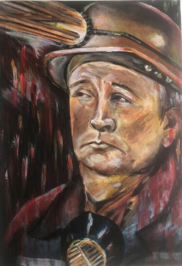Painting titled "Miner" by Oksana Sushko, Original Artwork, Acrylic Mounted on Cardboard